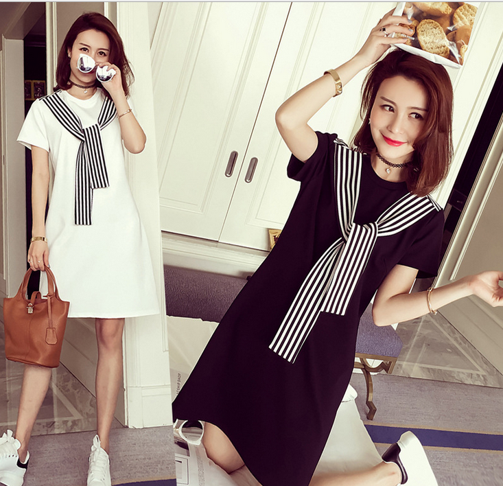 2017 Summer New Korean striped short-sleeved mid-length dress for women