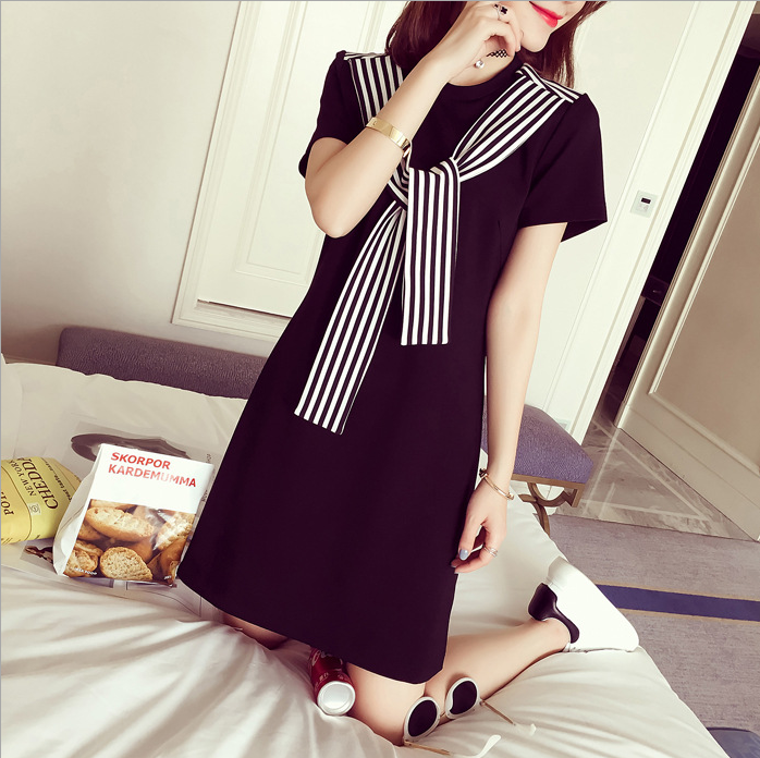 2017 Summer New Korean striped short-sleeved mid-length dress for women details Picture