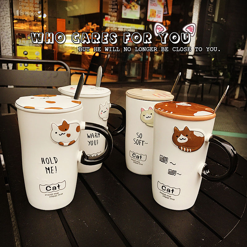 Taobao hot embossed cat ceramic mug mug with lid and scoop water cup thumbnail