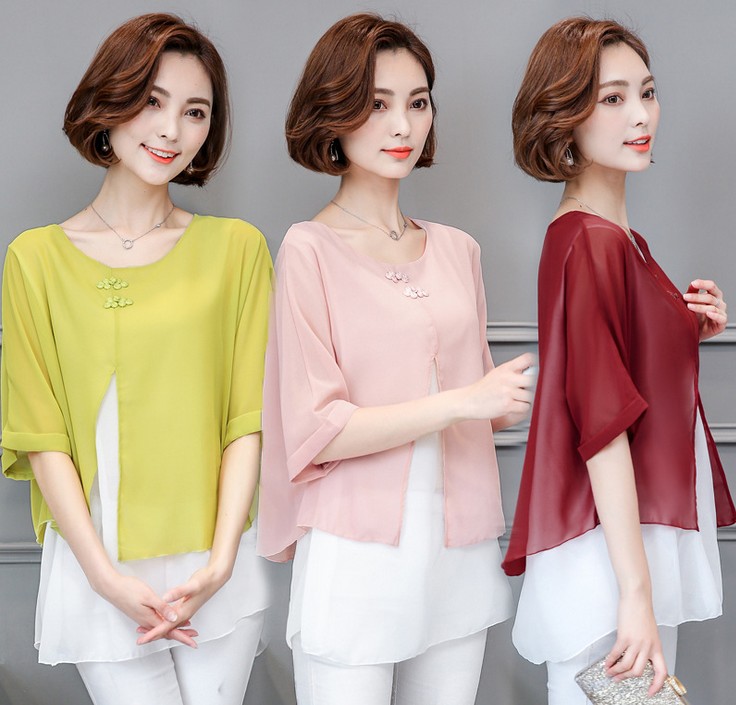 New T-shirt, Bat short-sleeved, large-sized, loose-fitting, round-neck, body-hugging two-piece chiffon sweater for women