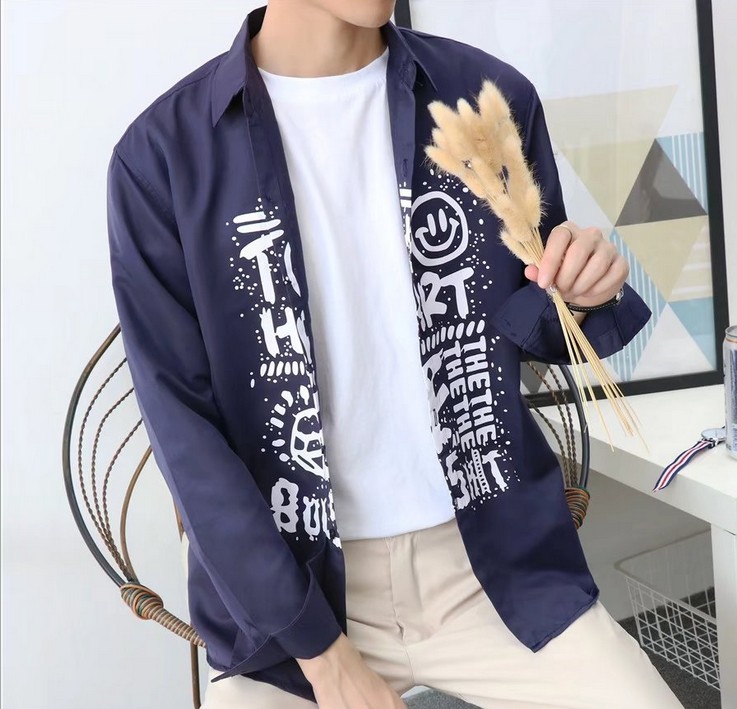 Korean-style men's long-sleeved shirt with a lapel, slim fit and fashionable letter print details Picture