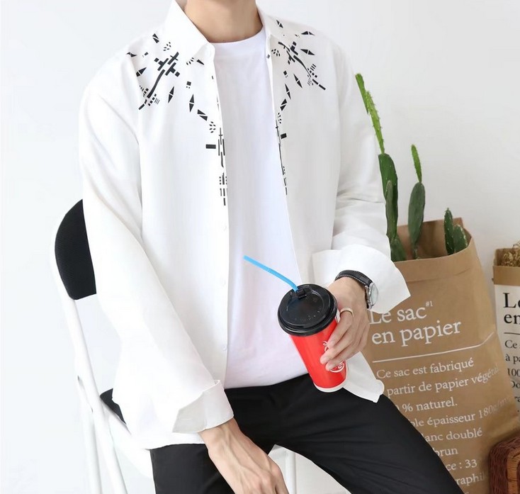 Korean-style men's long-sleeved shirt with a lapel, slim fit and fashionable letter print Specification image