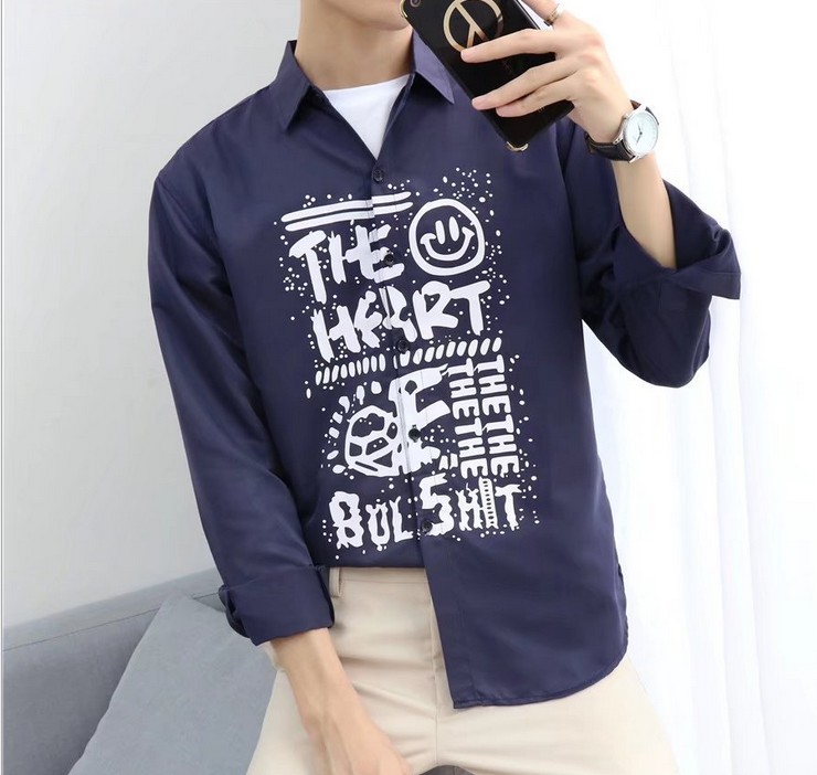 Korean-style men's long-sleeved shirt with a lapel, slim fit and fashionable letter print