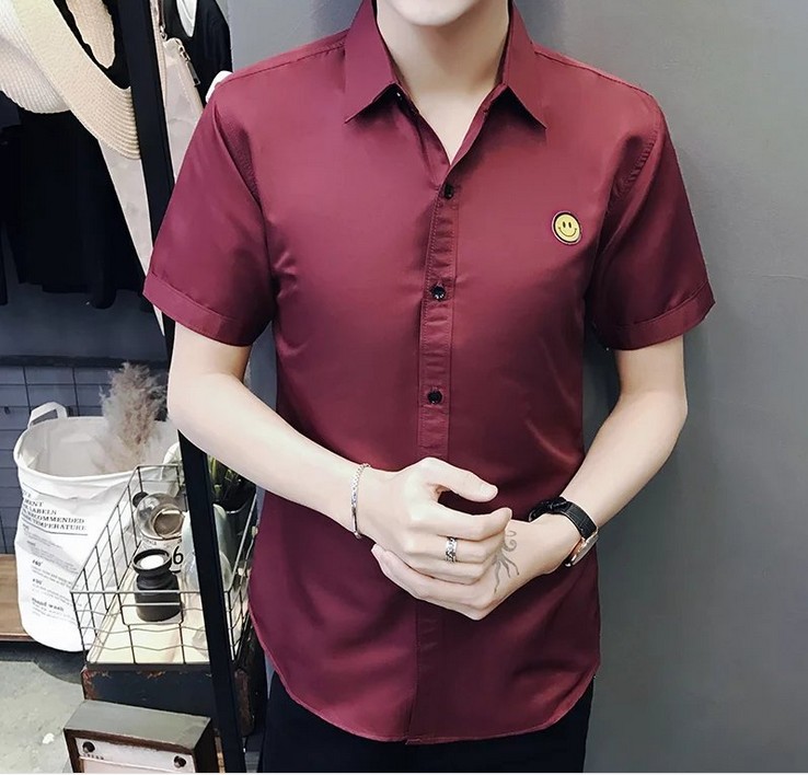 New cartoon smiling face embroidered men's short-sleeved shirt, versatile youth Korean-style shirt Specification image