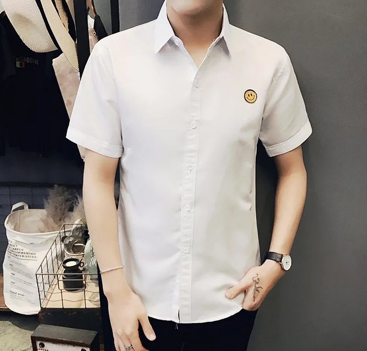 New cartoon smiling face embroidered men's short-sleeved shirt, versatile youth Korean-style shirt