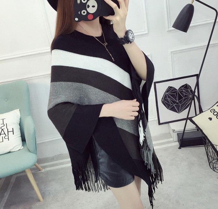 Loose tassel shawl spring and autumn new women sweater coat plus-size knitted cape pullover 蝙蝠衫 Application Scenario