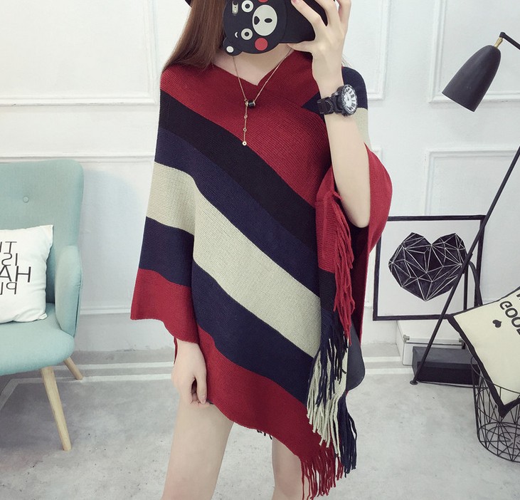Loose tassel shawl spring and autumn new women sweater coat plus-size knitted cape pullover 蝙蝠衫 details Picture