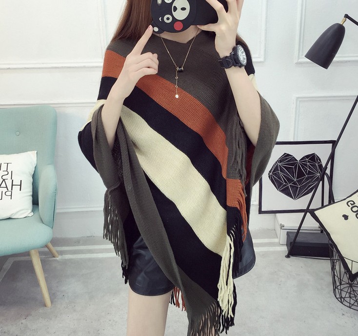 Loose tassel shawl spring and autumn new women sweater coat plus-size knitted cape pullover 蝙蝠衫