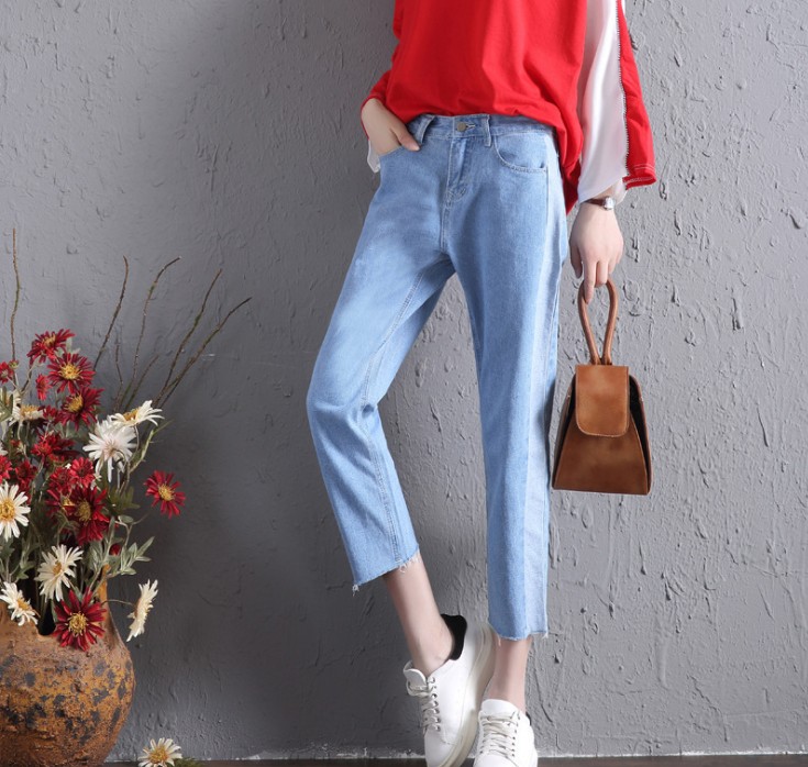 New high-waisted, fringed, wide-leg, nine-inch jeans for women, patchwork and color-blocking women's pants details Picture