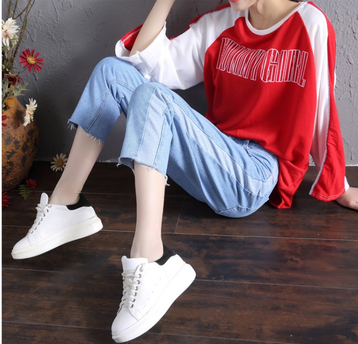New high-waisted, fringed, wide-leg, nine-inch jeans for women, patchwork and color-blocking women's pants Specification image