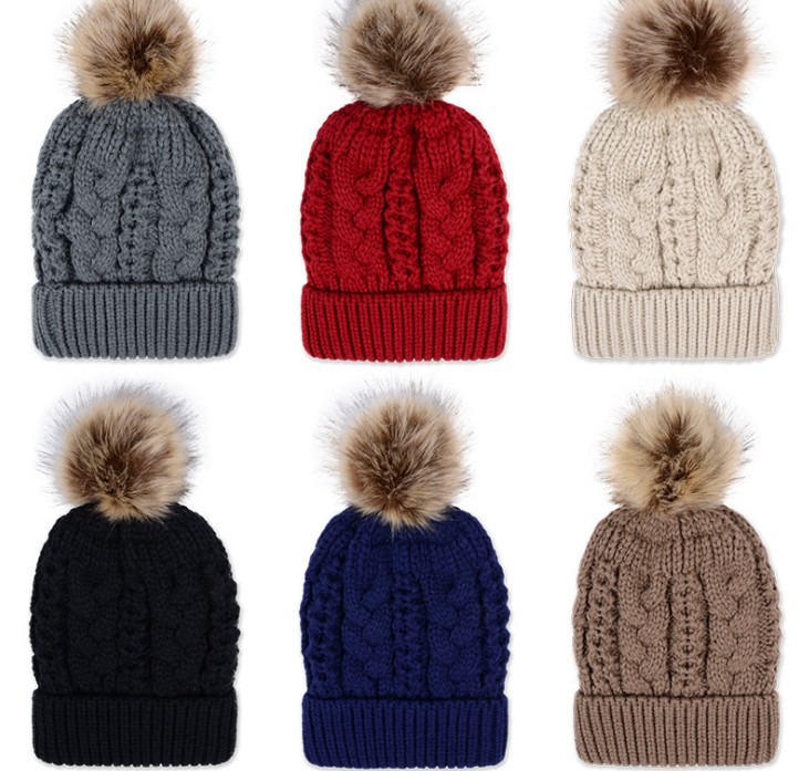 新款大毛球球帽麻花纹毛线帽子双层加厚保暖螺纹针织帽子