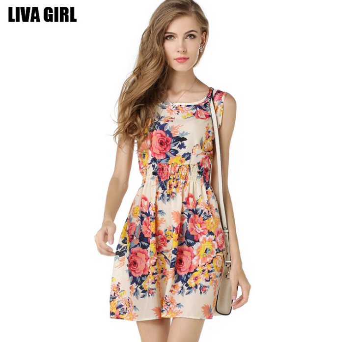 Summer plus-size vest dress, printed short skirt, sleeveless floral chiffon dress