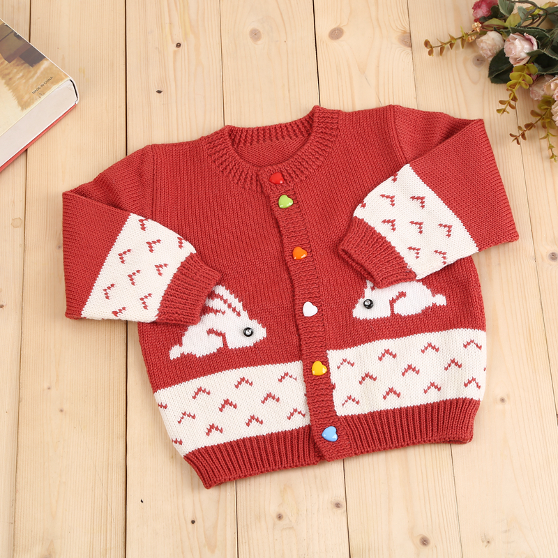 手工编织儿童毛衣 小兔天鹅图案 红色长袖开衫