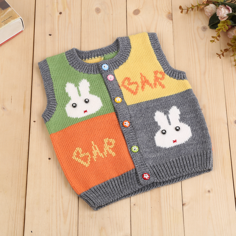 男童新款拼色开衫背心 春秋款手织打底多色彩背心