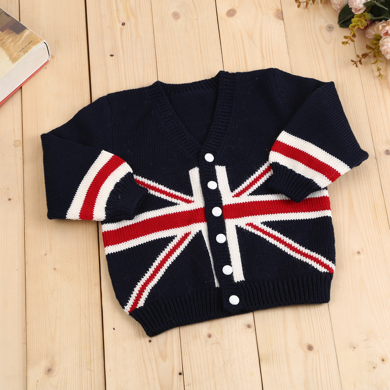 毛衣编织纯手工宝宝开衫藏青色羊毛外套米字图童装