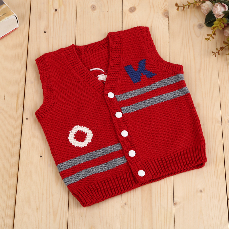儿童毛线开衫背心 手工编织 红色V领开衫纽扣背心