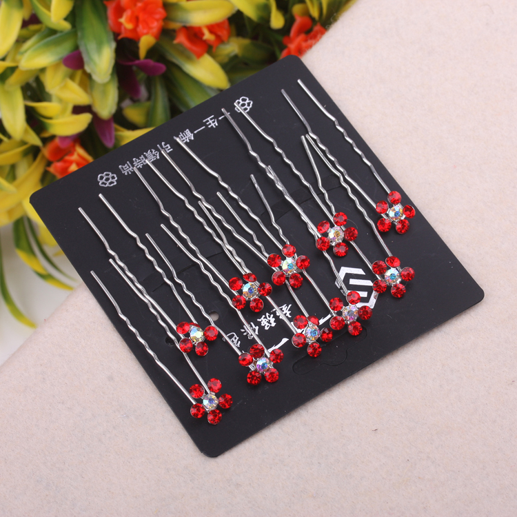 Water diamond rose flower pin hair accessory, U-shaped clip small hairpin, updo style, 10 pieces set, 10-yuan store accessory details Picture