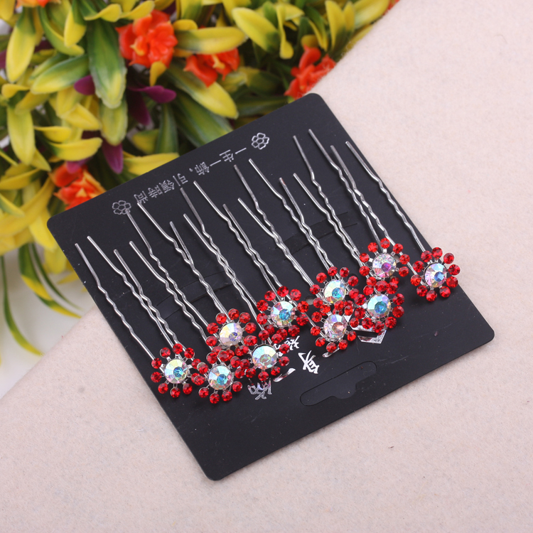 Water diamond rose flower pin hair accessory, U-shaped clip small hairpin, updo style, 10 pieces set, 10-yuan store accessory Application Scenario