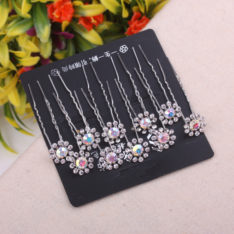 Water diamond rose flower pin hair accessory, U-shaped clip small hairpin, updo style, 10 pieces set, 10-yuan store accessory Specification image