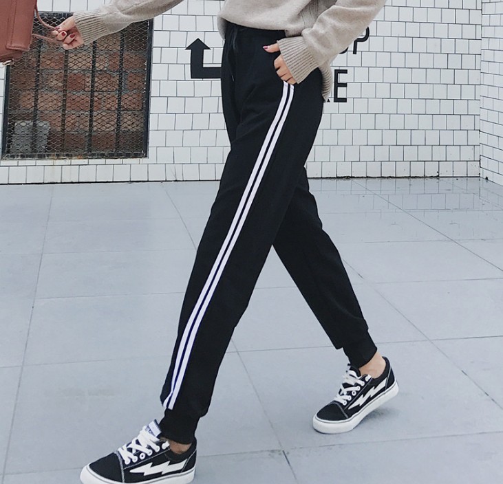 White-rimmed striped pants, women's high-waisted nine-inch Harem pants, loose sportswear pants, large-sized casual pants