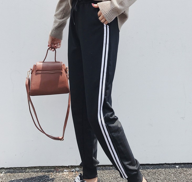 White-rimmed striped pants, women's high-waisted nine-inch Harem pants, loose sportswear pants, large-sized casual pants details Picture