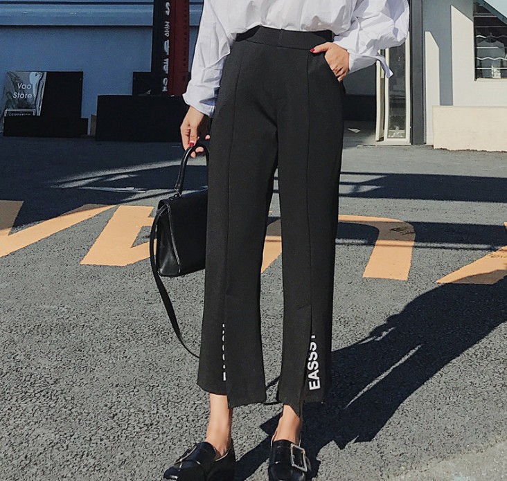 High-waisted, letter-printed black, slightly flared, fashionable, slit straight 9-inch casual pants