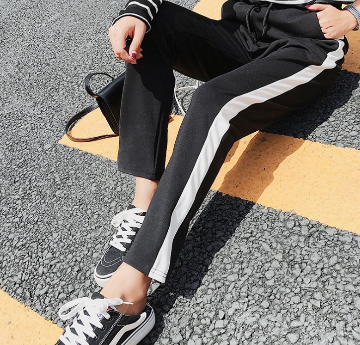 New autumn and winter women's side white striped sporty style slimming casual pants base pants details Picture