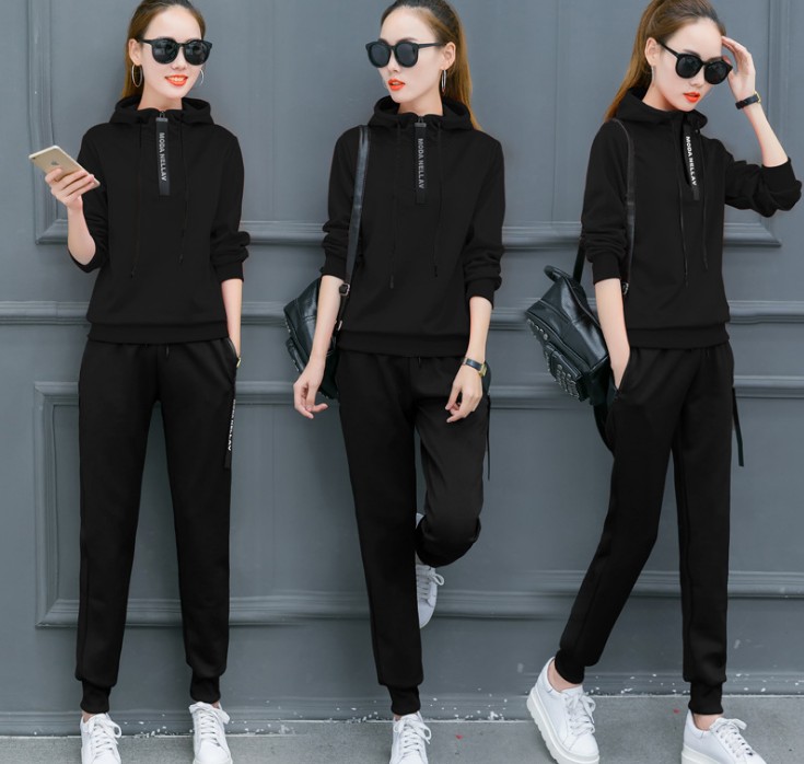 Spring and Autumn Casual sportswear set, a stylish and slimming large-sized long-sleeved hooded sweatshirt two-piece set Specification image