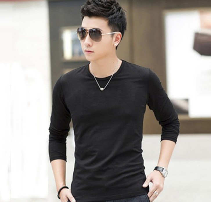 Men's long-sleeved T-shirt, slim-fit round-neck men's base layer, Korean-style solid-color top, trendy
