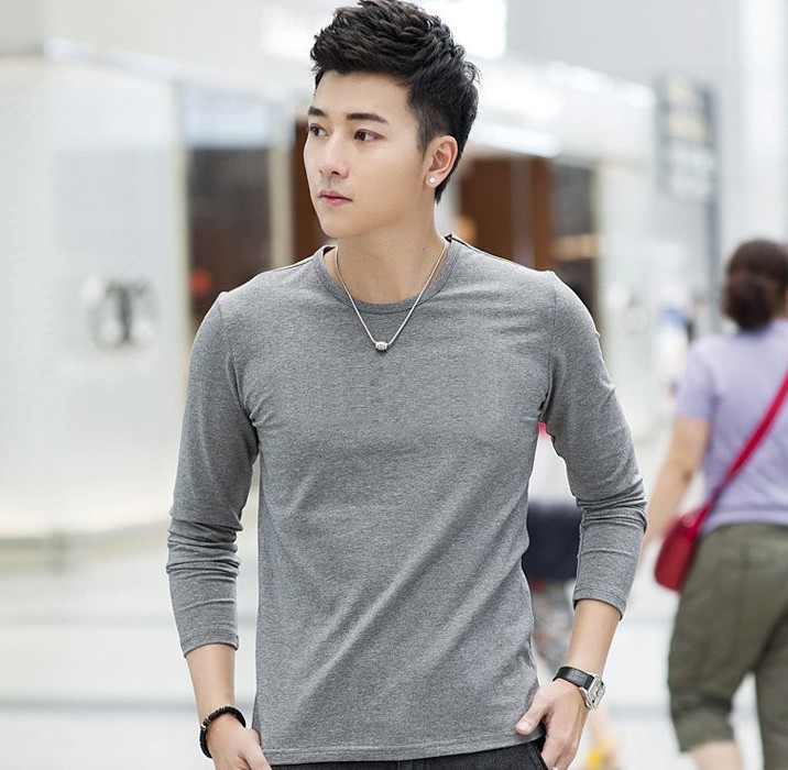 Men's long-sleeved T-shirt, slim-fit round-neck men's base layer, Korean-style solid-color top, trendy Specification image