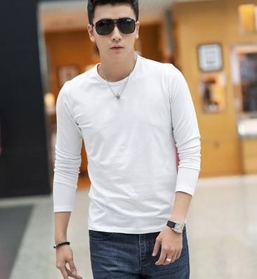 Men's long-sleeved T-shirt, slim-fit round-neck men's base layer, Korean-style solid-color top, trendy details Picture
