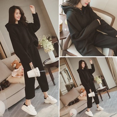 Korean version plus-size sportswear, women's fleece loose hoodie, slimming casual wear two-piece set