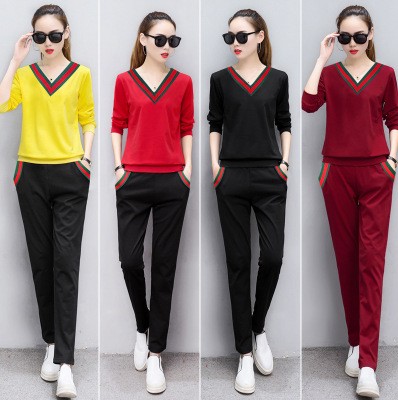 Long-sleeved V-neck T-shirt sportswear set of two pieces, a slimming and form-fitting casual sweatshirt Application Scenario