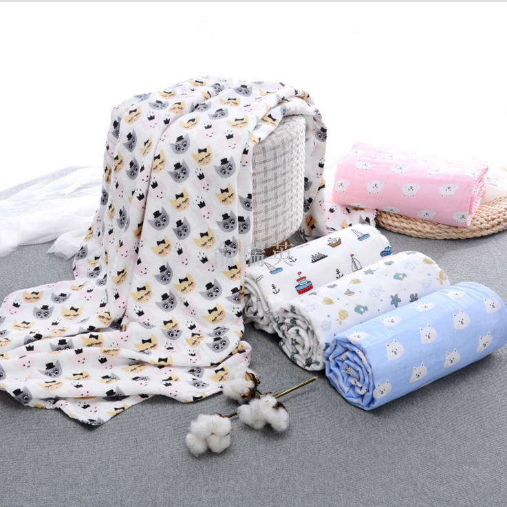 The new water-washed 110*110 combed cotton high-density gauze children's blanket with double-sided printed baby bath towel is soft and absorbent