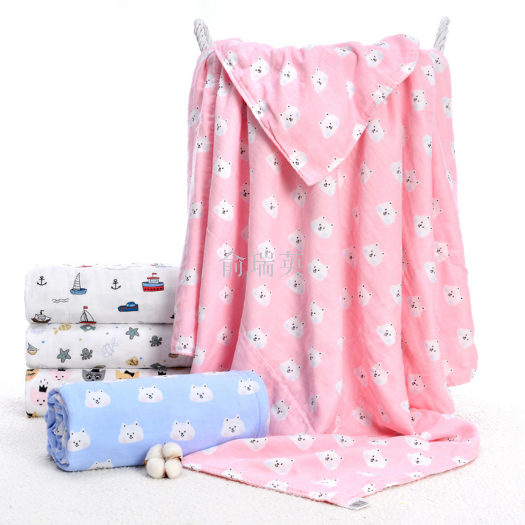 The new water-washed 110*110 combed cotton high-density gauze children's blanket with double-sided printed baby bath towel is soft and absorbent Specification image
