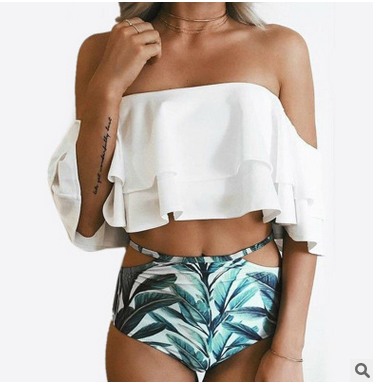 The new 2018 fashion cute flounces split print bikini high waist bikini