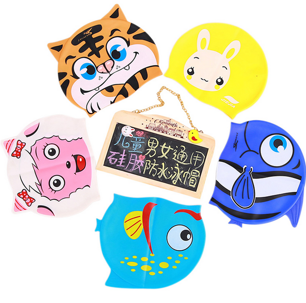 Children's cartoon swimming cap Silicone waterproof head for both boys and girls