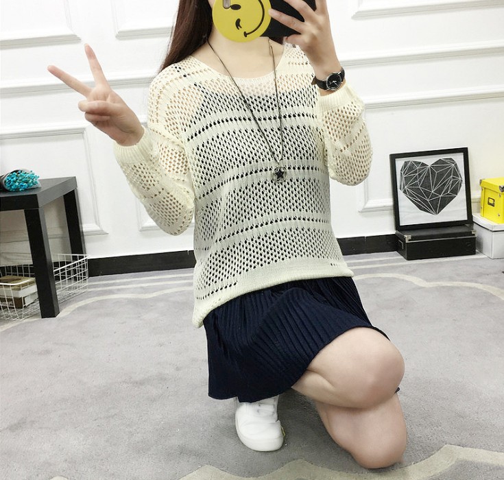 New solid-color women's loose, large-sized long-sleeved, cut-out thin pullover knitted sweater, base layer and blouse details Picture
