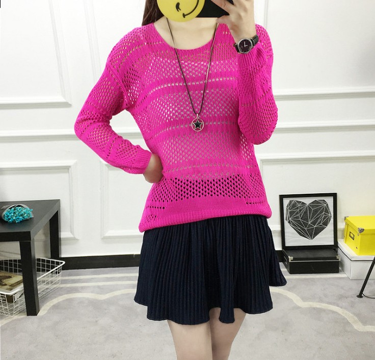 New solid-color women's loose, large-sized long-sleeved, cut-out thin pullover knitted sweater, base layer and blouse Specification image