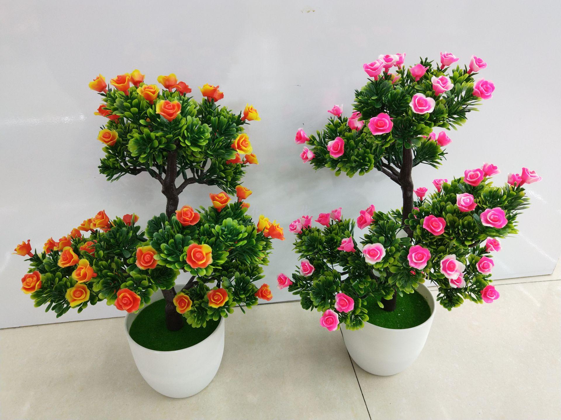 A small five-pronged rose tree adorns the living room window