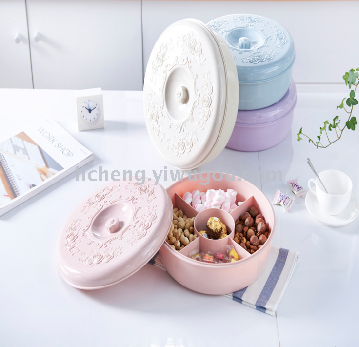 婚庆礼品家用分格圆形带盖糖果盒 客厅塑料干果瓜子水果盘