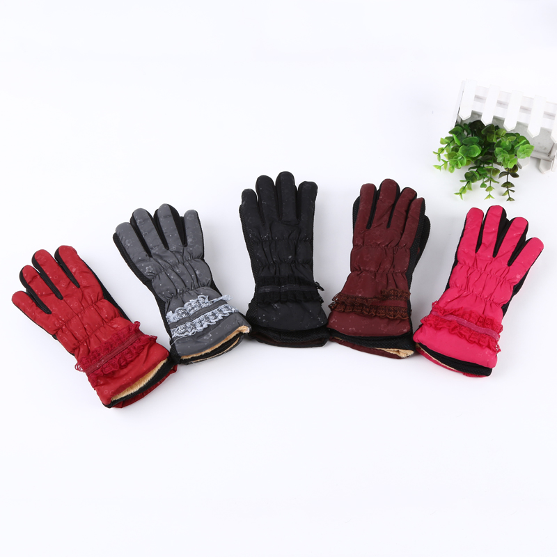 Women's autumn and winter waterproof and windproof leather gloves with fleece warmth five-fingered gloves
