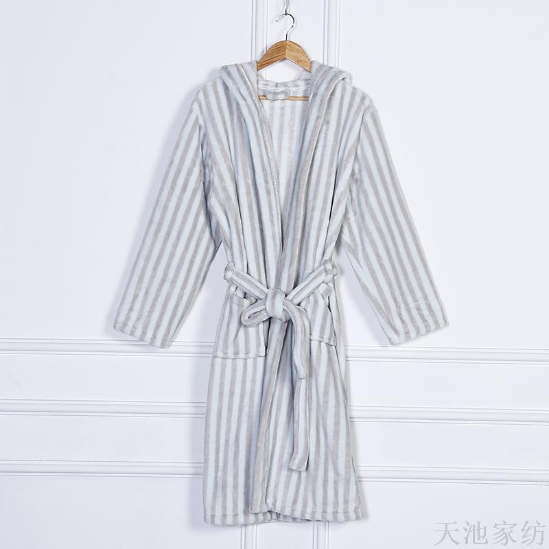 Zhendong Autumn/Winter hooded adult bathrobe Flannel printed vertical bar nightgown