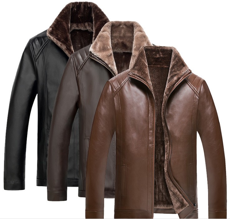 Men's fur one-piece leather jacket, men's middle-aged and elderly stand-up collar coat, casual jacket, men's leather jacket, men's clothing