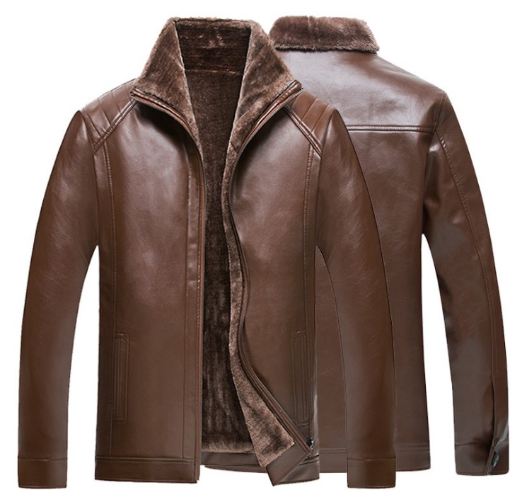 Men's fur one-piece leather jacket, men's middle-aged and elderly stand-up collar coat, casual jacket, men's leather jacket, men's clothing Specification image
