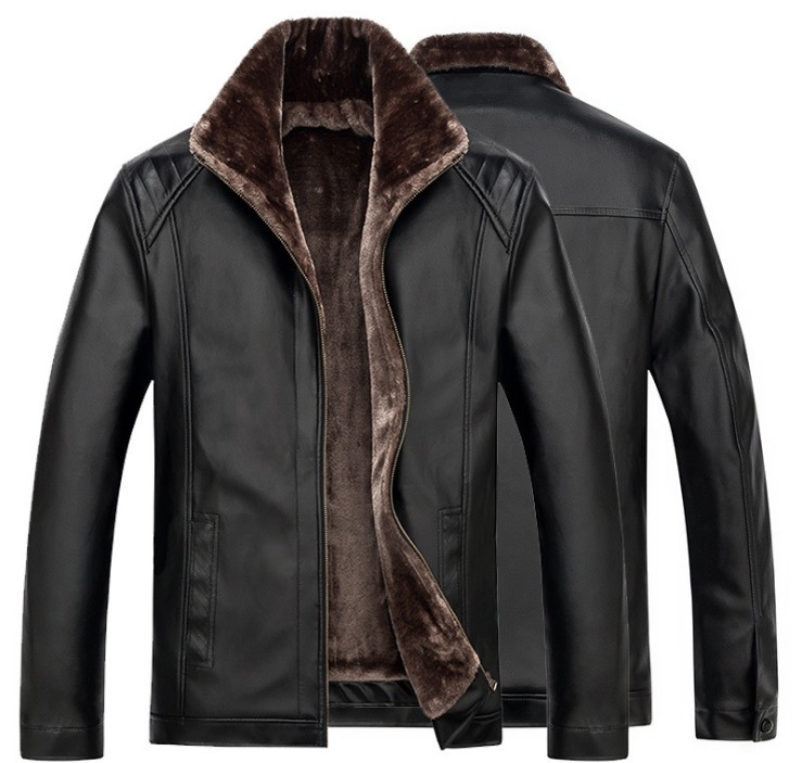 Men's fur one-piece leather jacket, men's middle-aged and elderly stand-up collar coat, casual jacket, men's leather jacket, men's clothing details Picture