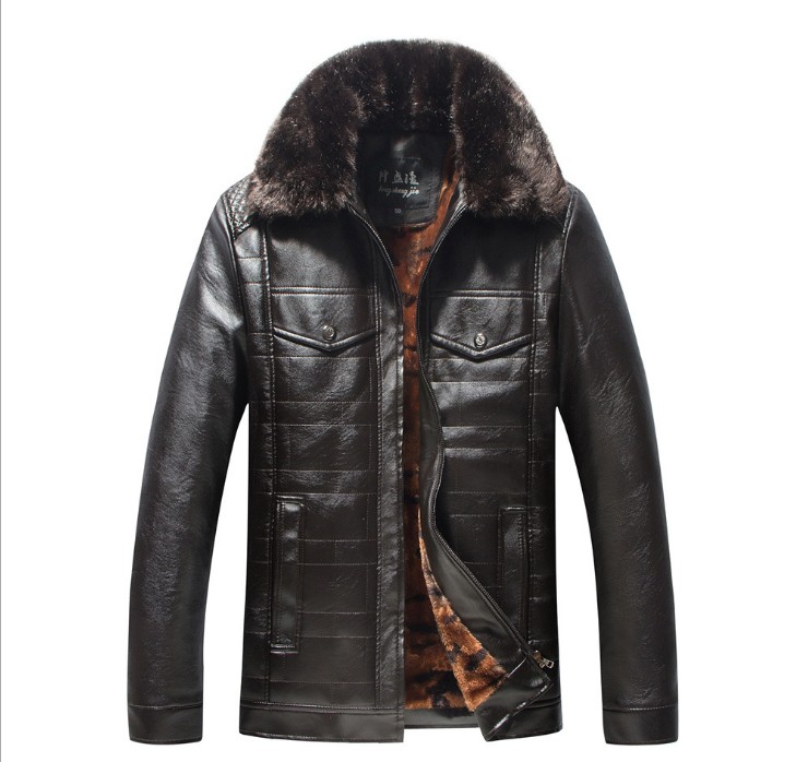 Middle-aged and elderly men's fleece leather jackets, winter coats, men's men's clothing for fathers, middle-aged men's leather jackets