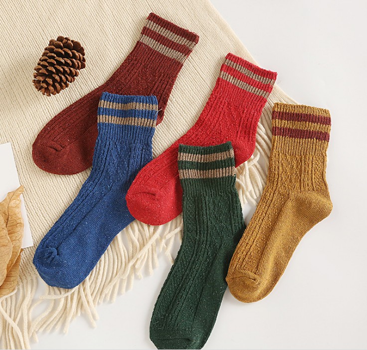 加厚保暖羊毛袜混纺翻边两二条杠女士粗线堆堆袜子中筒袜