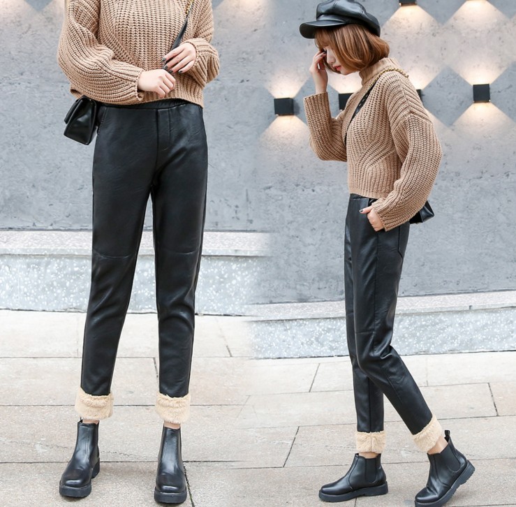 Fleece and thickened lambskin elastic waist pu leather pants, women's 9-inch pants, casual pants, women's pants Specification image