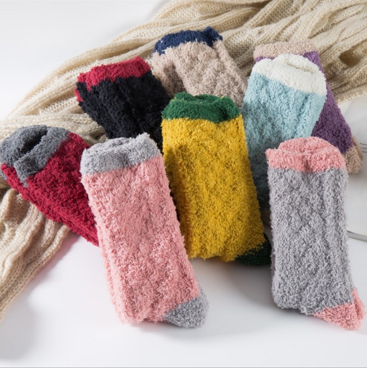 珊瑚绒袜家居地板袜女士半边绒中筒加厚保暖袜子睡眠毛巾